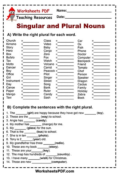 Write the right Plural for each word - Worksheets PDF
